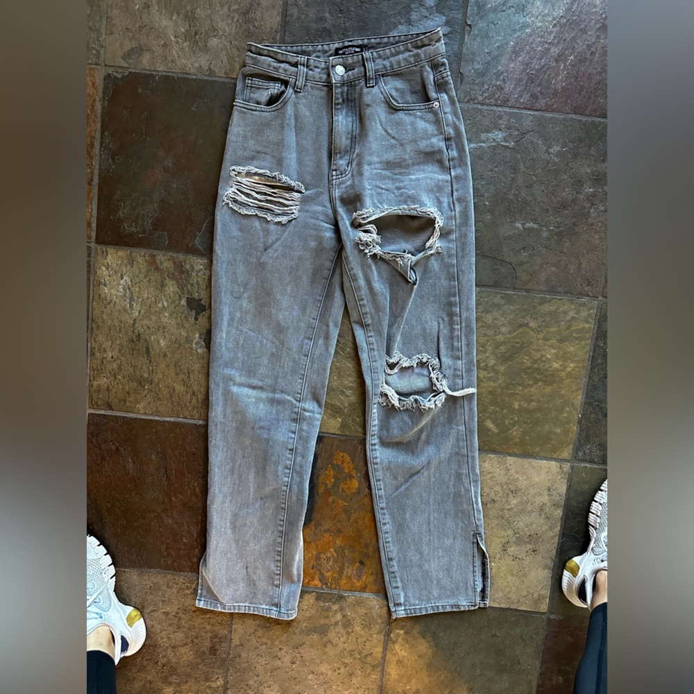 PrettyLittleThing Gray High Rise Distressed Jeans